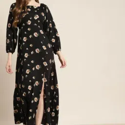 Qurvii Black Floral Print Maxi Dress-image-52