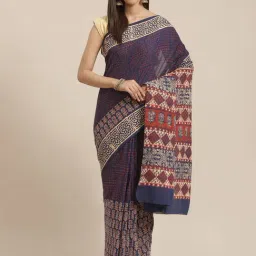 Kalakari India Blue Cotton Printed Saree With Unstitched Blouse-image-90