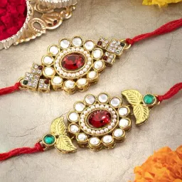 Peora Multicolored Kundan & Crystal Stone Rakhi with Roli Chawal Greeting Card (Set of 2 Rakhi)-image-79
