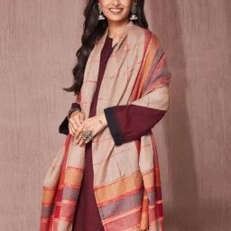 Fabindia Beige Wool Regular Fit Woven Stole-image-80