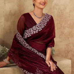 Satrani Maroon Net Embroidered Saree With Unstitched Blouse image 5