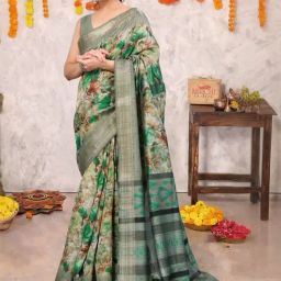MIRCHI FASHION Grey Floral Print Saree With Unstitched Blouse-image-2