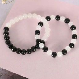 NVR White & Black Marbel Crystal Elasticated Bracelet for Unisex - Set of 2-6