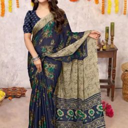 MIRCHI FASHION Navy Floral Print Saree With Unstitched Blouse-picture-22
