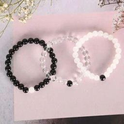 NVR Transparent & White & Black Marbel Crystal Elasticated Bracelet for Unisex - Set of 3-3