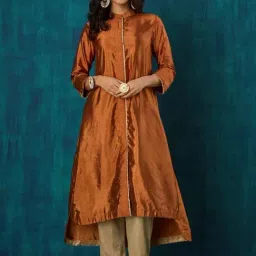 Mushio Rust Damini Habotai Silk Sanika Kurta With Button Detail-image-12