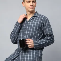 English Navy Blue Cotton Relaxed Fit Checks Sleepwear Pack of 2-image-24