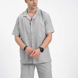 SHOWOFFFF White Cotton Relaxed Fit Striped Shirt with Shorts-image-18