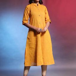 CHARUKRITI Yellow Cotton Woven Pattern A Line Kurta-picture-17