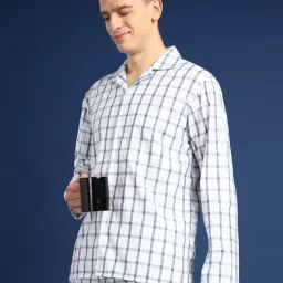 English Navy White Cotton Relaxed Fit Checks Sleepwear Pack of 2-image-57