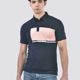 Camla Navy Cotton Regular Fit Colorblock Polo T-Shirts-picture-6
