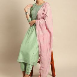 Anouk Women Sage Green & Gold Ethnic Mirror Embroidered Straight Kurta Trousers Dupatta-21