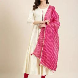 SHOWOFF Beige Cotton Embellished Kurta With Dupatta-29