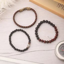 Aatmana Black Brass Set of 3 Beaded Elasticated Bracelet-21