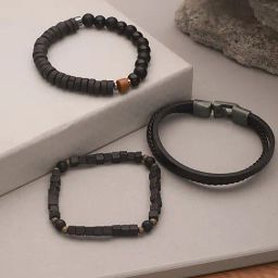 Aatmana Black Brass Set Of 3 Beaded Wraparound Bracelet-12