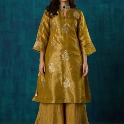 Mushio Mustard Damini Floral Embroidered Tissue Suvarna Kurta With Hand Embellishments-picture-47