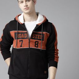 Roadster Men Black & Rust Orange Colourblocked Hooded Sweatshirt-image-38