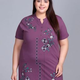 IN Love Plus Size Floral Printed Mandarin Collar Short Sleeves Longline Cotton T-Shirt-15