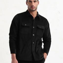 Showoff Black Cotton Slim Fit Texture Shacket-13