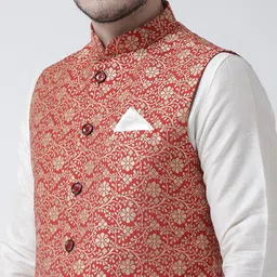DEYANN Men Red & White Self Design Kurta with Churidar and Nehru Jacket image 4