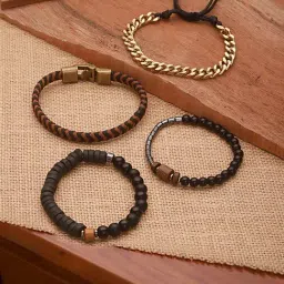 Aatmana Black Brass Set of 4 Beaded Elasticated Bracelet-picture-40