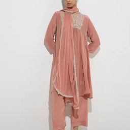 Vark by Westside Dusty Peach A-Line Kurta, Palazzos and Dupatta Set-image-3