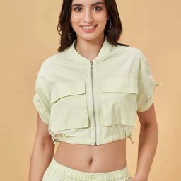 People by Pantaloons Shadow Lime Cotton Plain Cropped Shirt-image-53