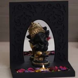 eCraftIndia Black & Golden Polyresin Baal Ganesha Dancing Showpiece & Fragnanced Petals and Tealight-image-67