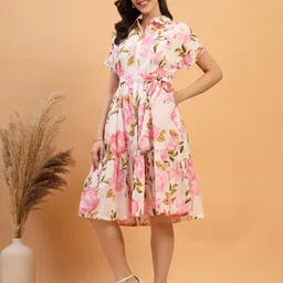 House Of Zelena Women Maternity Floral Printed Belted Detail Fit and Flare Midi Dress-picture-1
