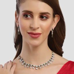 Karatcart Silver Plated Star Shape Green Cubic Zirconia Studded Necklace Set-image-24