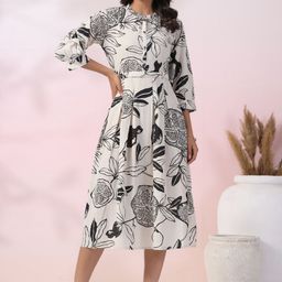 Kaftanize Women Floral Printed Cotton A-Line Knee Length Dress-45