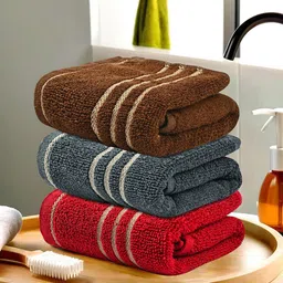 Kuber Industries Red & Grey 3 Pieces Striped Cotton 450 GSM Bath Towel-18
