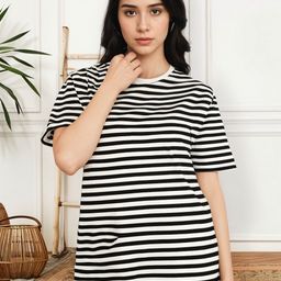 mack jonney VIMAL JONNEY Women Striped Drop-Shoulder Sleeves Monochrome Cut Outs T-shirt-picture-6