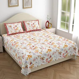 COLOR SPLASH White & Orange Printed 300 TC Cotton King Bedsheet Set 2.74 m x 2.54 m-image-5