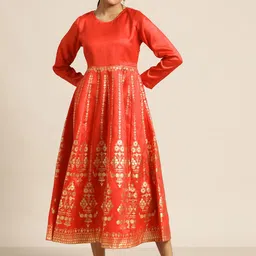 Shae by SASSAFRAS Red & Golden Foil Print Ethnic Midi Dress-picture-2