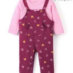 Babyoye Eco Conscious 100% Cotton Heart Printed Dungaree with Full Sleeves Inner Tee - Pink-image-91