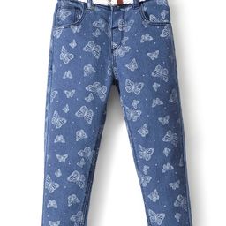 Babyhug Denim Full Length Stretchable Washed Jeans With Butterfly Print - Blue-image-6
