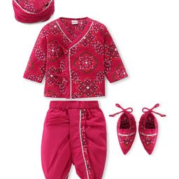 Babyhug Woven Full Sleeves Jamna Set with Forehead Cap & Booties - Fuchsia-image-82