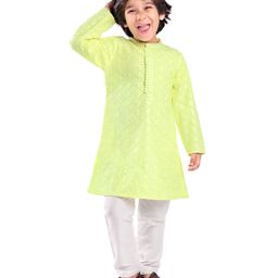 Babyhug Woven Full Sleeves Embroidered Kurta & Pyjama Set - Lime Yellow-image-83