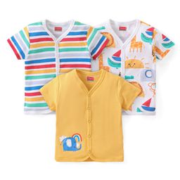 Babyhug 100% Cotton Interlock Front Open Vest Elephant Print Pack of 3 - Yellow & White-image-37