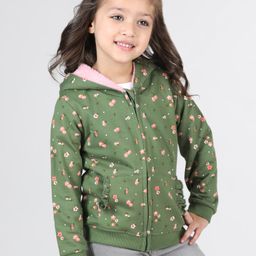 Babyhug Full Sleeves Front Open Sweatjacket With Hood Zipper & Frill Detailing Floral Print - Olive Green-picture-16