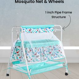 Onyx Baby Cradle with Mosquito Net & Wheel - Sea Green| Soft Mattress| Wheels with Lock| Easy to Assemble - Sea Green-25