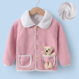 Kookie Kids Full Raglan Sleeves Solid Colour Collared Winter Jacket with Teddy Applique & Pockets - Pink-image-30