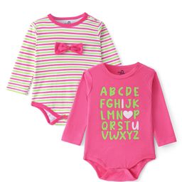 Doodle Poodle 100% Cotton Knit Full Sleeves Onesies Strips & Text Print Pack of 2 - White &Pink-image-72