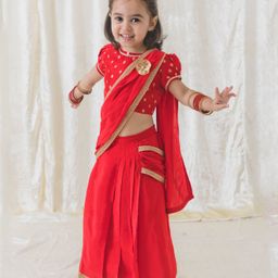 Tiber Taber Half Sleeves Foil Printed & Lace Embellished Saree Blouse Set With Brooch - Red-image-4