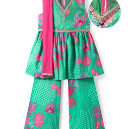 EARTHY TOUCH Woven Sleeveless Floral Printed Kurta Gharara Set with Dupatta & Lace Detailing - Sea Green-image-3