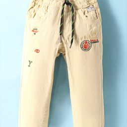 Olio Kids Cotton Woven Full LengthTrousers with Text Embroidery - Cream-image-82