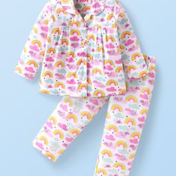 Babyhug Cotton Knit Full Sleeves Front Open Night Suit with Clouds Print - White-image-83