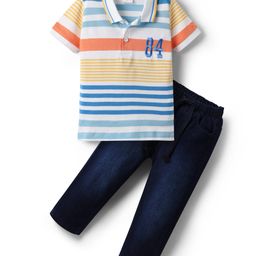 Babyhug Single Jersey Knit Half Sleeves Striped Polo T-Shirt & Denim Jeans Set - Multicolor-image-50
