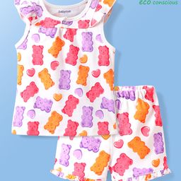 Babyoye 100% Cotton Knit Sleeveless Eco Jiva Finish Co-ords Shorts Night Suit with Bear & Hearts Print - White-image-82